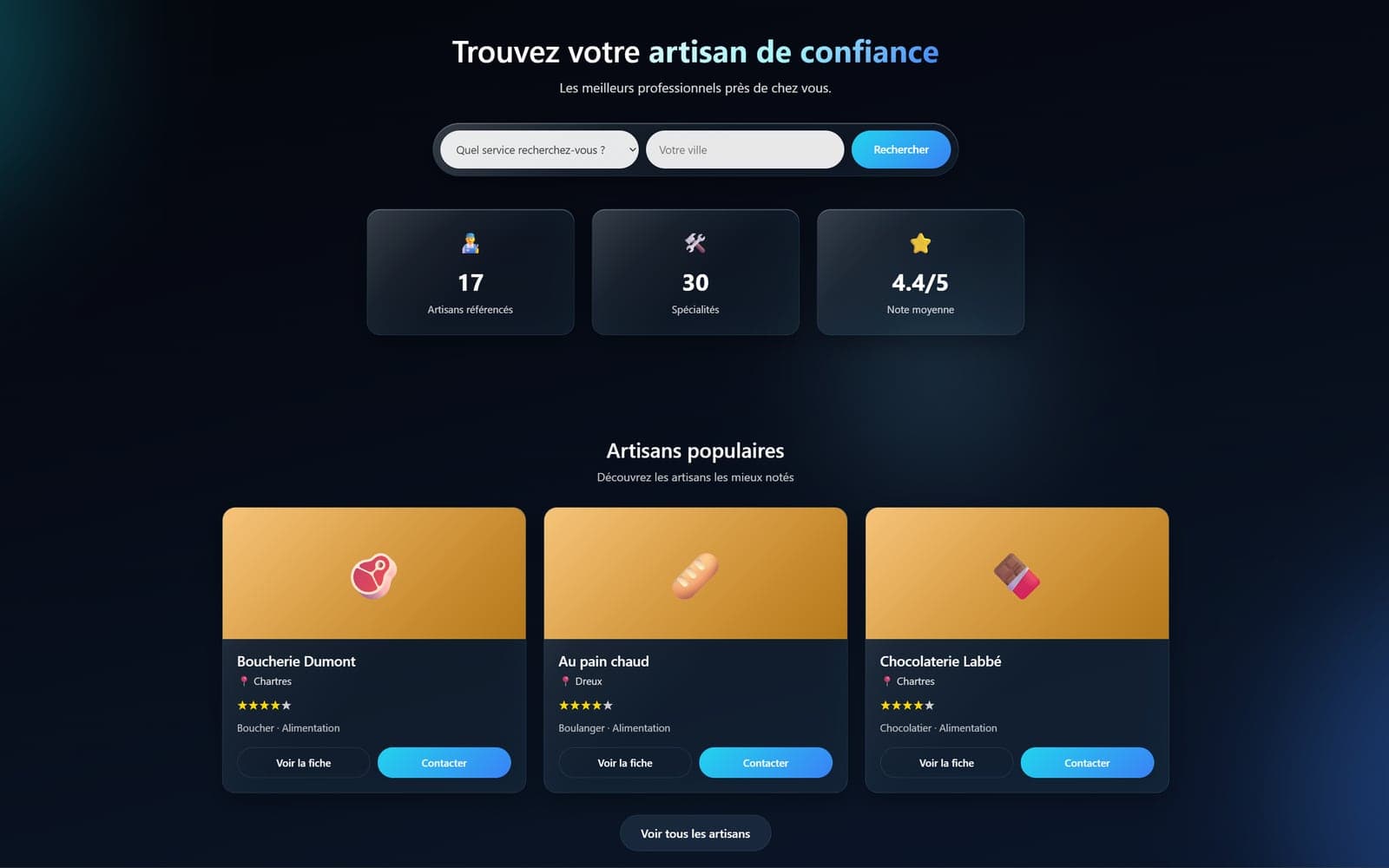 Page d'accueil de Trouve Ton Artisan : recherche, chiffres clés et artisans populaires