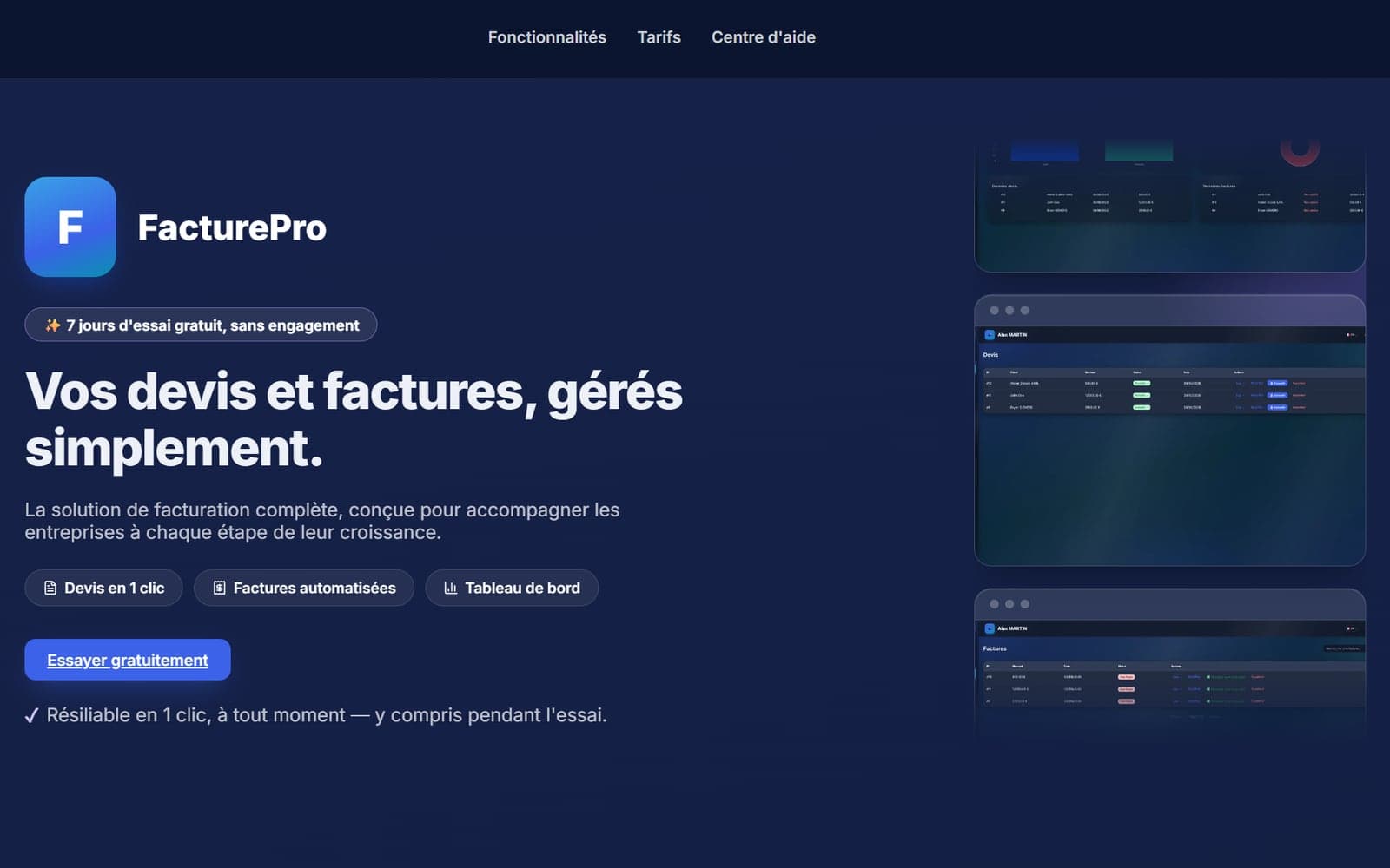 Page d'accueil de FacturePro : « Vos devis et factures, gérés simplement »