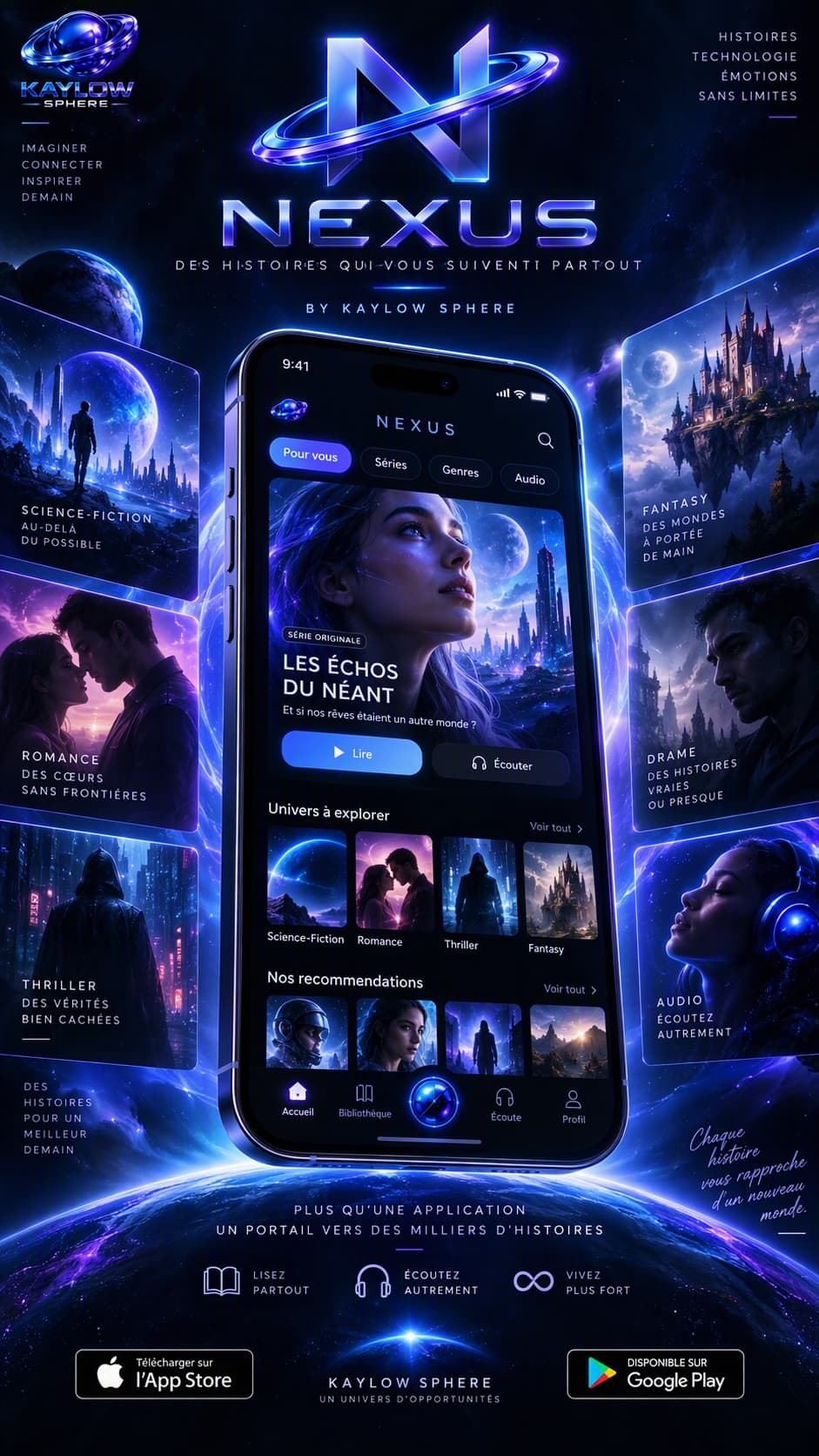 Visuel de Nexus : logo et écran d’accueil de l’application sur téléphone